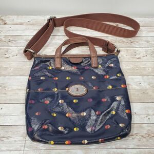 Fossil Navy Crossbody Bag with Brown Trim and Multicolor Dot Print